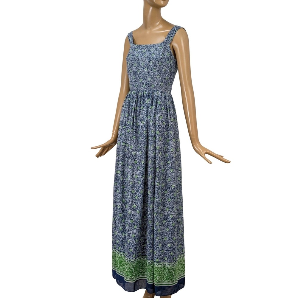 Miss Elliette 70s Vtg Floral Maxi Dress Blue Green Cotton Square Neck Sleeveless